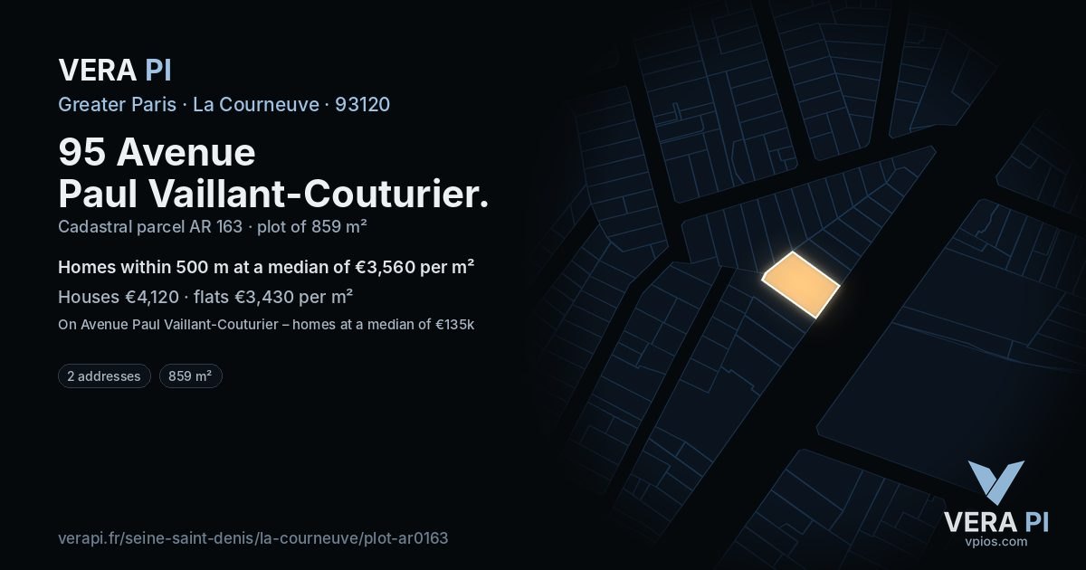 95 Avenue Paul Vaillant-Couturier, La Courneuve at night – the plot lit, the parcels around coloured by the prices near them