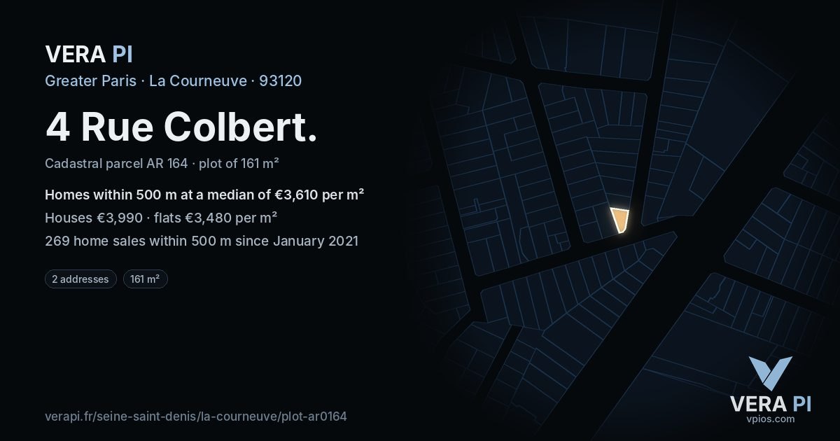 4 Rue Colbert, La Courneuve at night – the plot lit, the parcels around coloured by the prices near them