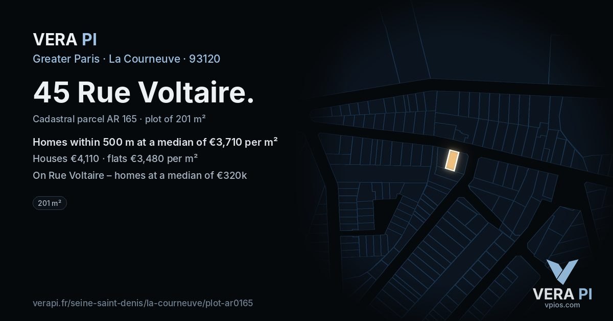 45 Rue Voltaire, La Courneuve at night – the plot lit, the parcels around coloured by the prices near them