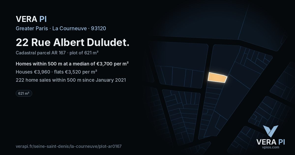 22 Rue Albert Duludet, La Courneuve at night – the plot lit, the parcels around coloured by the prices near them