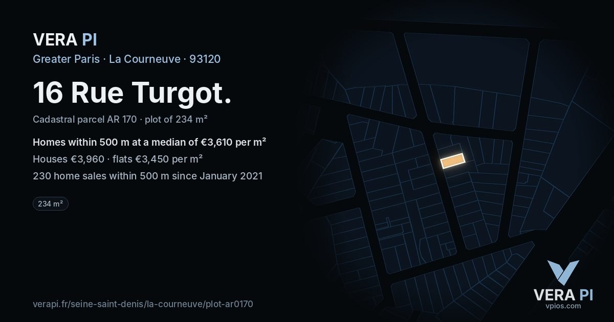 16 Rue Turgot, La Courneuve at night – the plot lit, the parcels around coloured by the prices near them