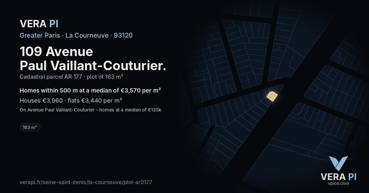 109 Avenue Paul Vaillant-Couturier, La Courneuve at night – the plot lit, the parcels around coloured by the prices near them