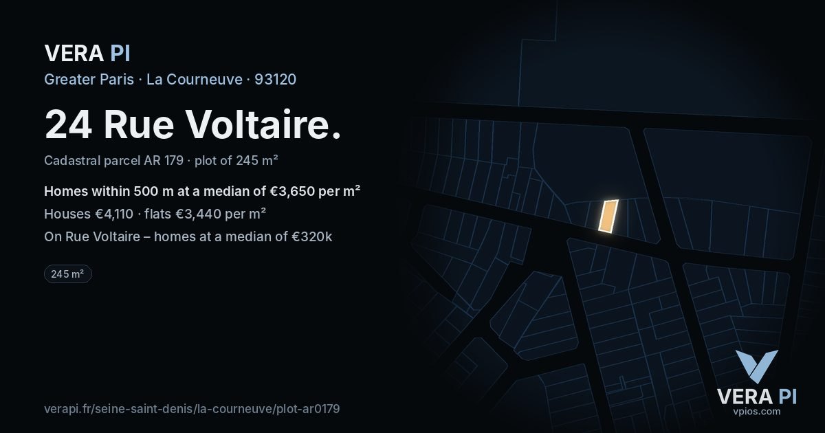 24 Rue Voltaire, La Courneuve at night – the plot lit, the parcels around coloured by the prices near them
