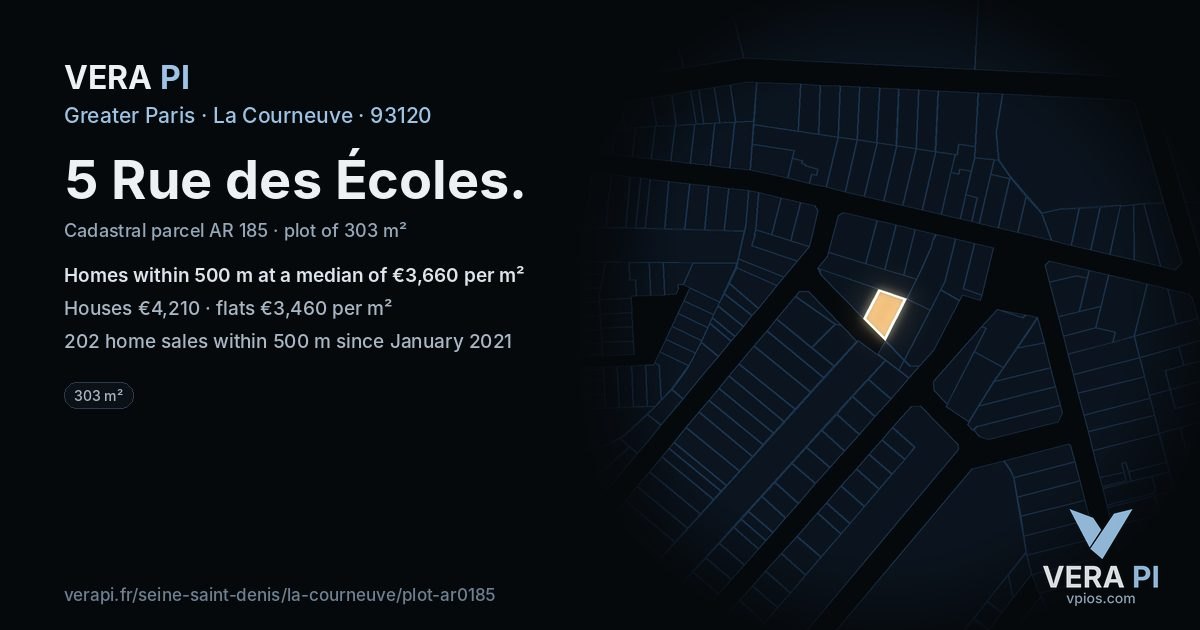 5 Rue des Écoles, La Courneuve at night – the plot lit, the parcels around coloured by the prices near them