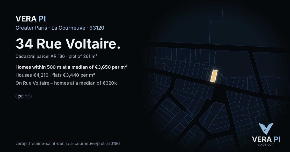 34 Rue Voltaire, La Courneuve at night – the plot lit, the parcels around coloured by the prices near them