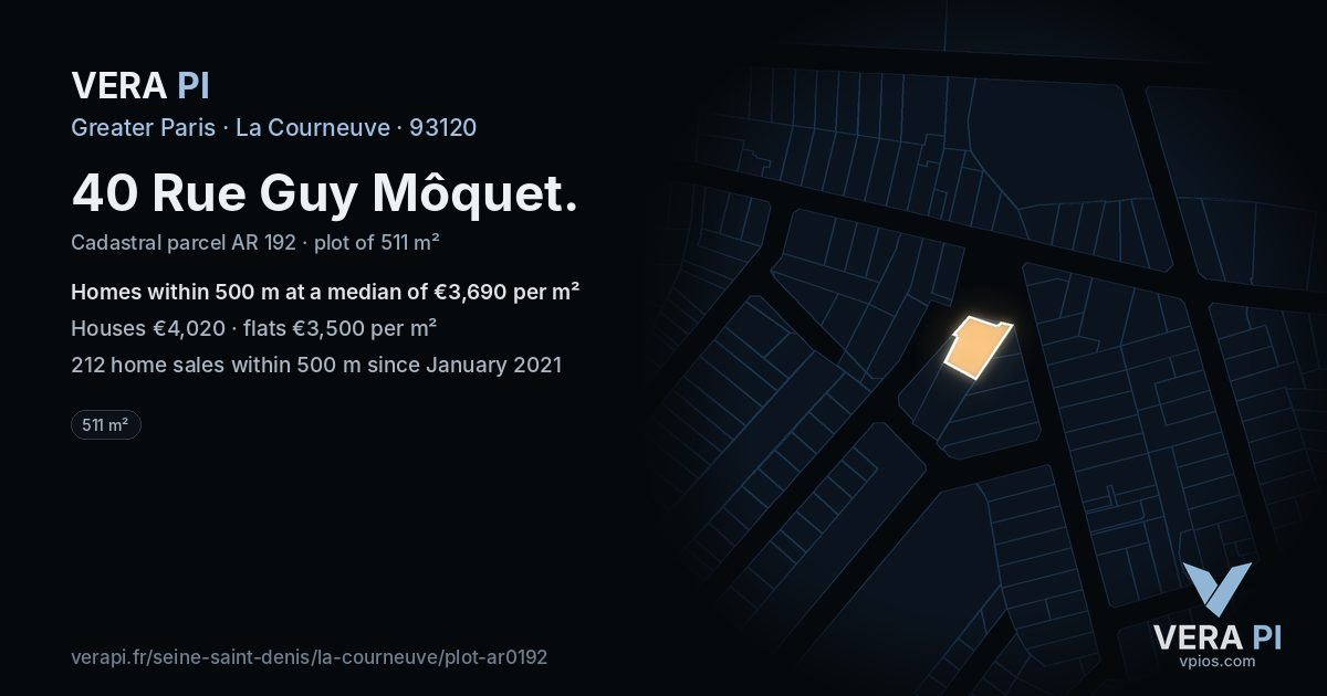 40 Rue Guy Môquet, La Courneuve at night – the plot lit, the parcels around coloured by the prices near them