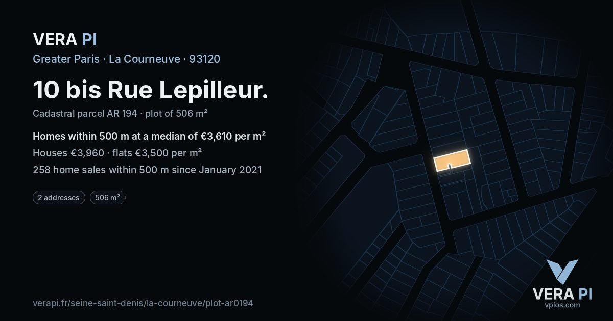 10 bis Rue Lepilleur, La Courneuve at night – the plot lit, the parcels around coloured by the prices near them