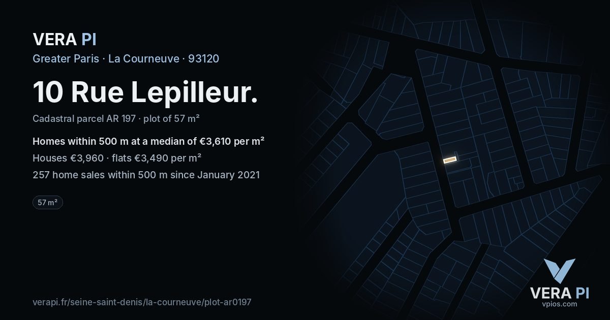 10 Rue Lepilleur, La Courneuve at night – the plot lit, the parcels around coloured by the prices near them