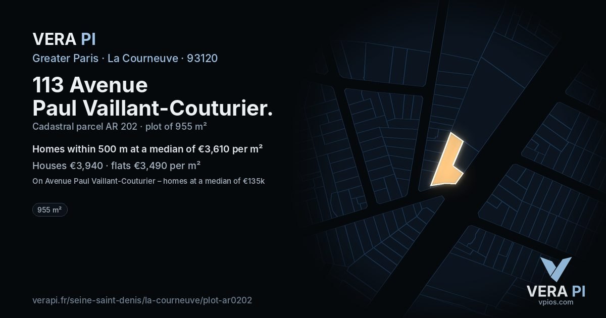 113 Avenue Paul Vaillant-Couturier, La Courneuve at night – the plot lit, the parcels around coloured by the prices near them