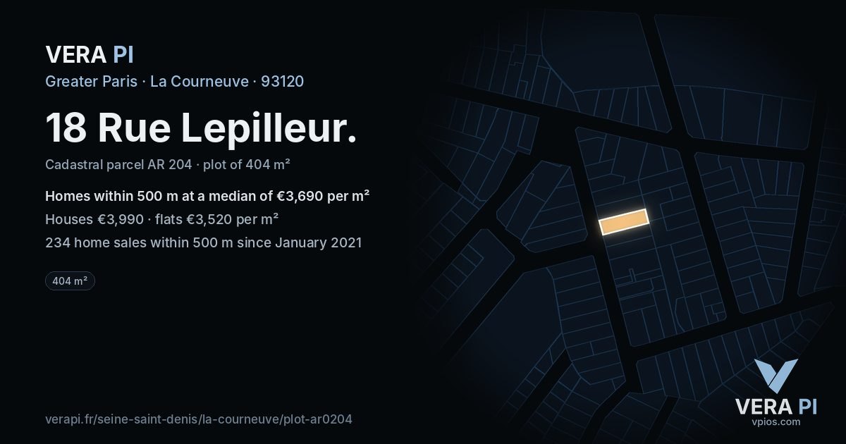 18 Rue Lepilleur, La Courneuve at night – the plot lit, the parcels around coloured by the prices near them