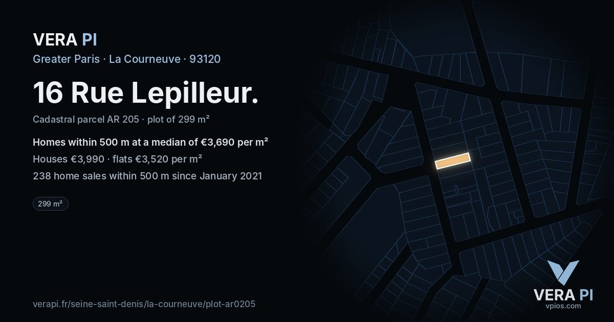 16 Rue Lepilleur, La Courneuve at night – the plot lit, the parcels around coloured by the prices near them