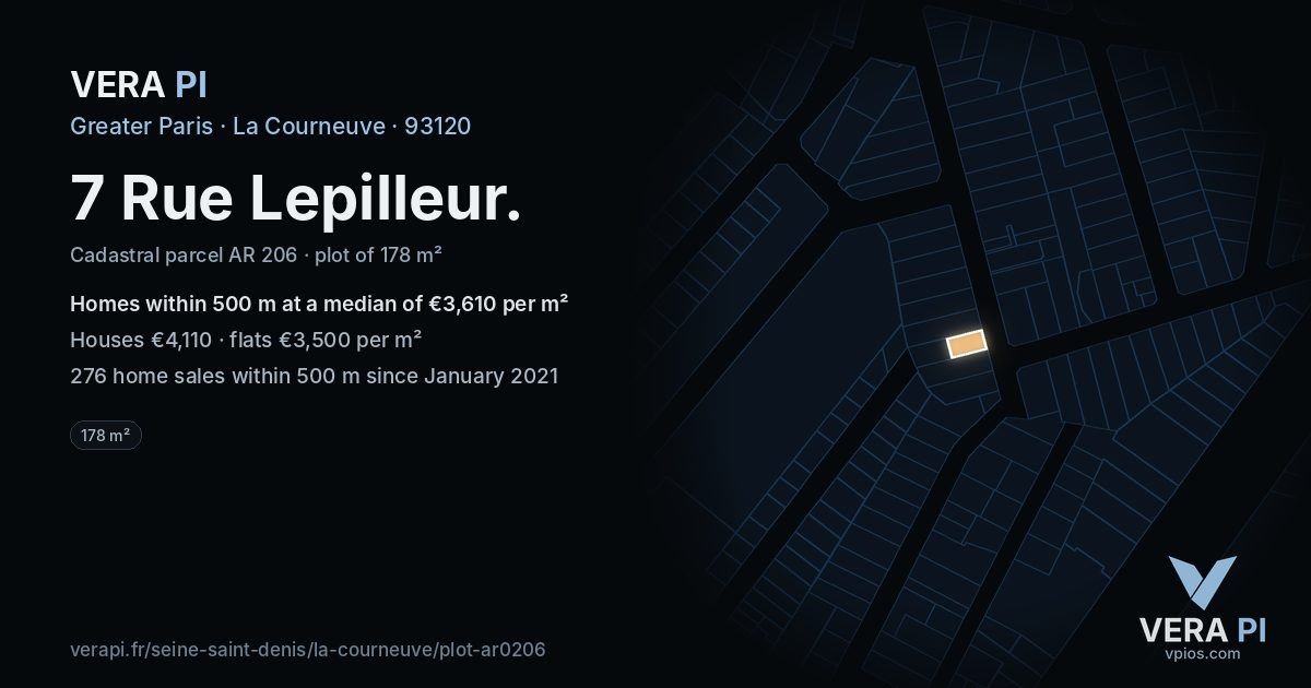 7 Rue Lepilleur, La Courneuve at night – the plot lit, the parcels around coloured by the prices near them