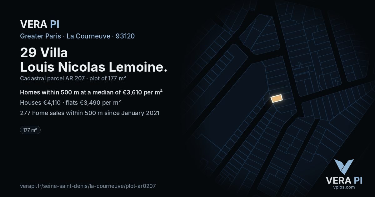 29 Villa Louis Nicolas Lemoine, La Courneuve at night – the plot lit, the parcels around coloured by the prices near them