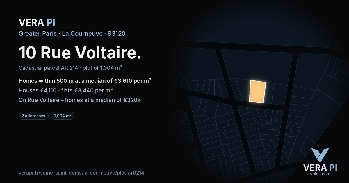 10 Rue Voltaire, La Courneuve at night – the plot lit, the parcels around coloured by the prices near them