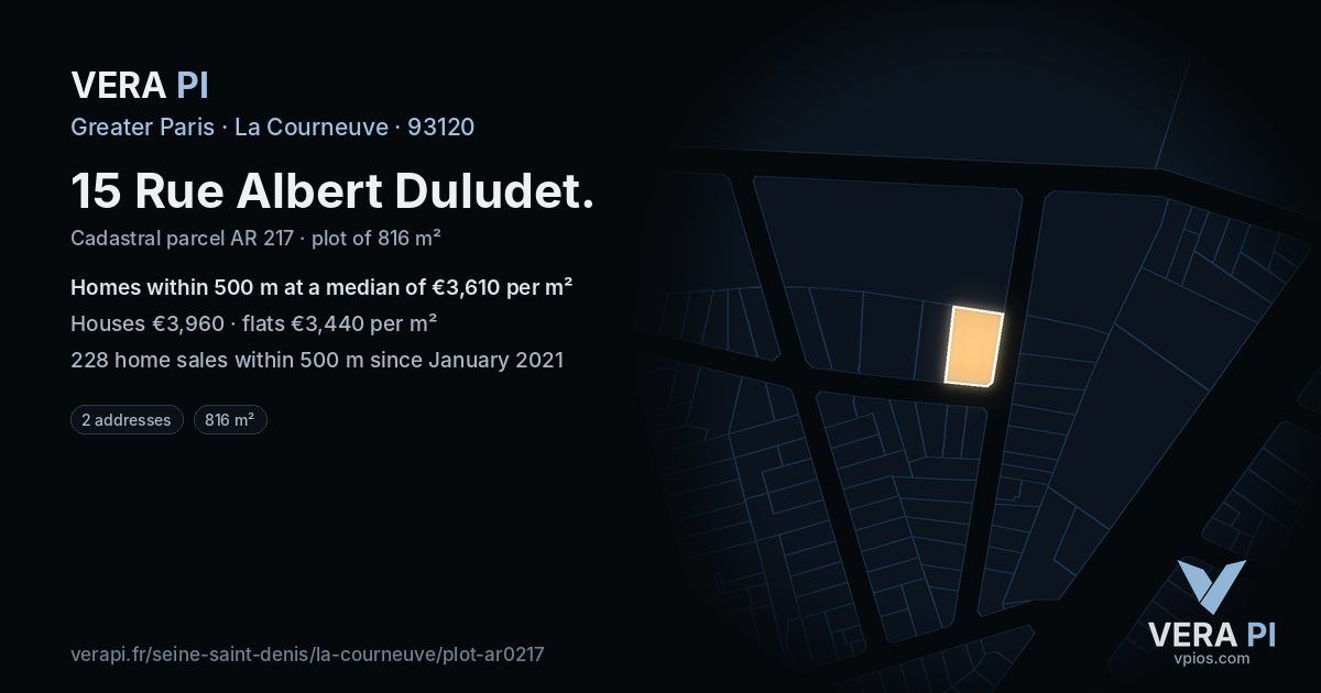 15 Rue Albert Duludet, La Courneuve at night – the plot lit, the parcels around coloured by the prices near them
