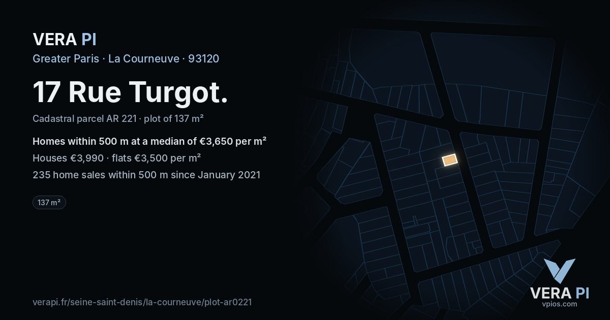 17 Rue Turgot, La Courneuve at night – the plot lit, the parcels around coloured by the prices near them