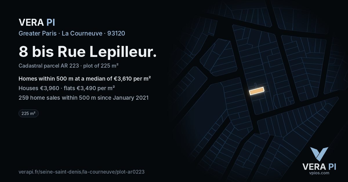 8 bis Rue Lepilleur, La Courneuve at night – the plot lit, the parcels around coloured by the prices near them