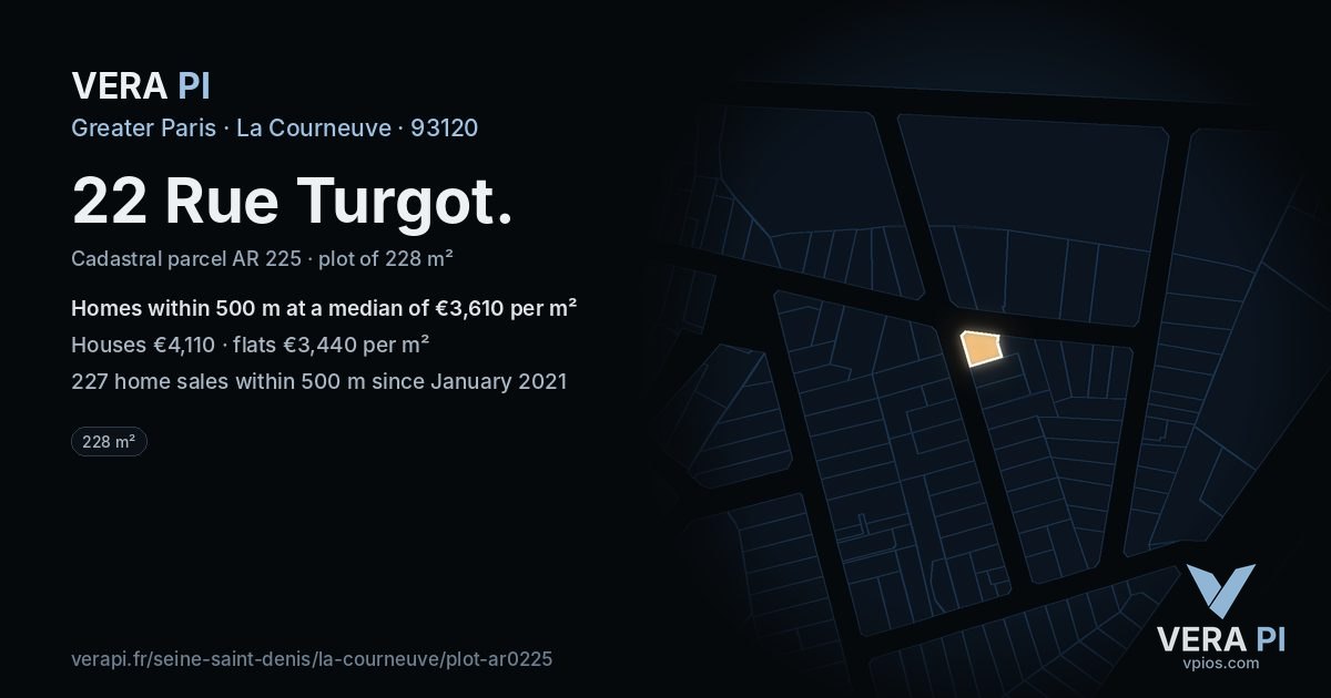 22 Rue Turgot, La Courneuve at night – the plot lit, the parcels around coloured by the prices near them