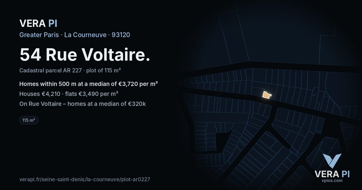 54 Rue Voltaire, La Courneuve at night – the plot lit, the parcels around coloured by the prices near them