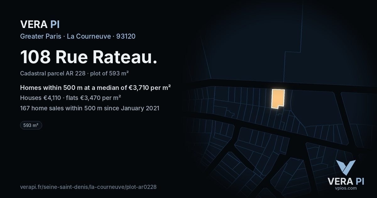 108 Rue Rateau, La Courneuve at night – the plot lit, the parcels around coloured by the prices near them