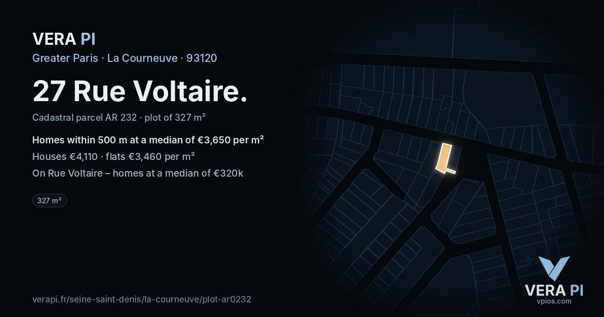27 Rue Voltaire, La Courneuve at night – the plot lit, the parcels around coloured by the prices near them