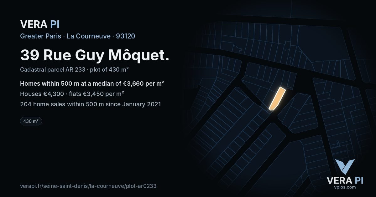 39 Rue Guy Môquet, La Courneuve at night – the plot lit, the parcels around coloured by the prices near them