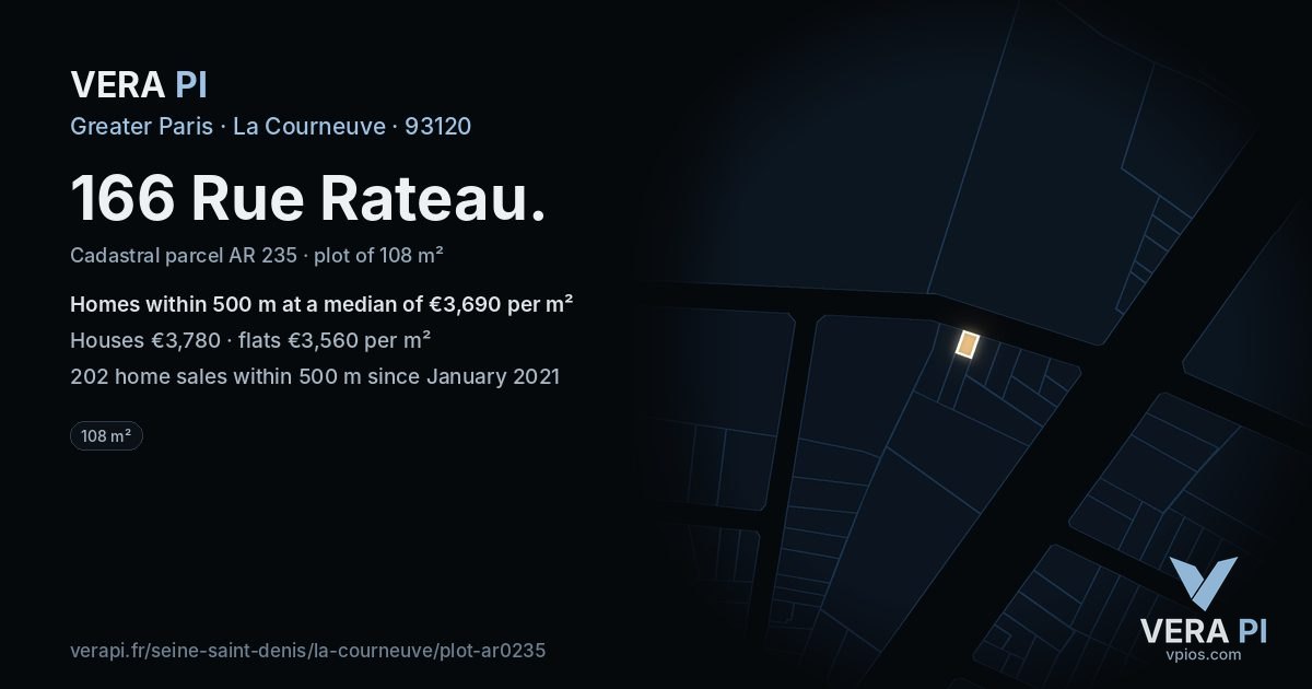 166 Rue Rateau, La Courneuve at night – the plot lit, the parcels around coloured by the prices near them