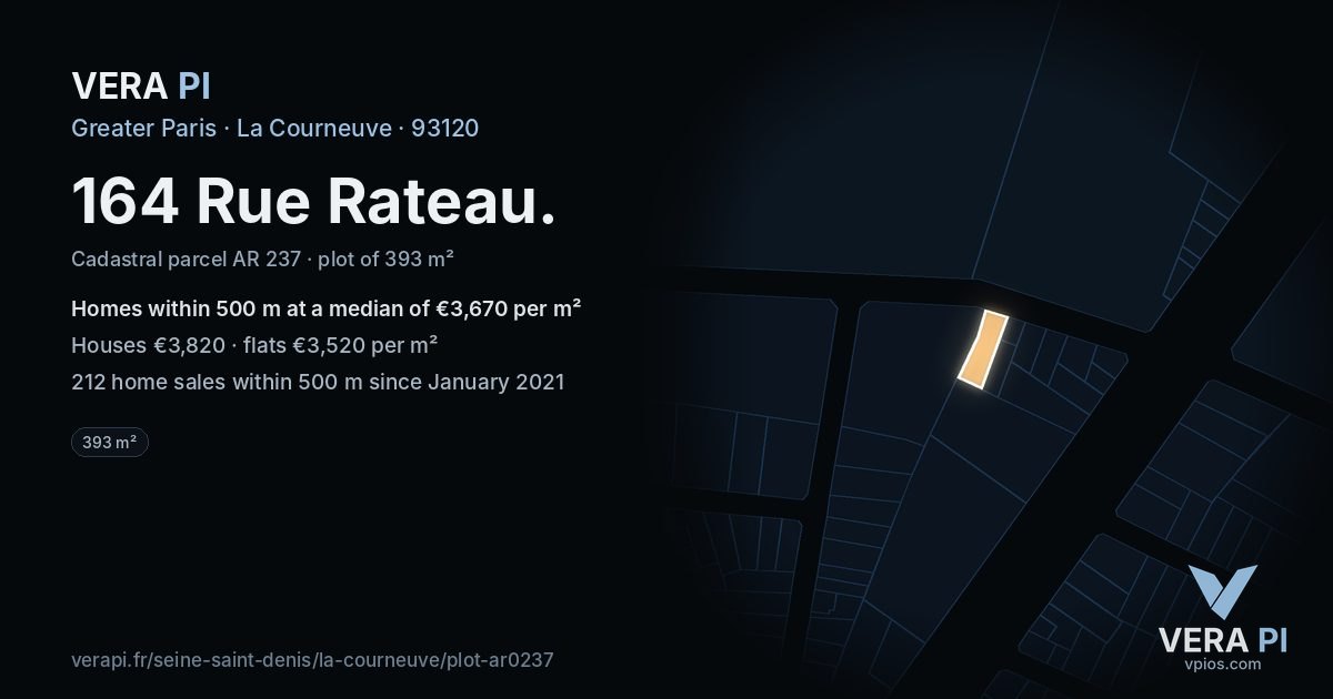 164 Rue Rateau, La Courneuve at night – the plot lit, the parcels around coloured by the prices near them