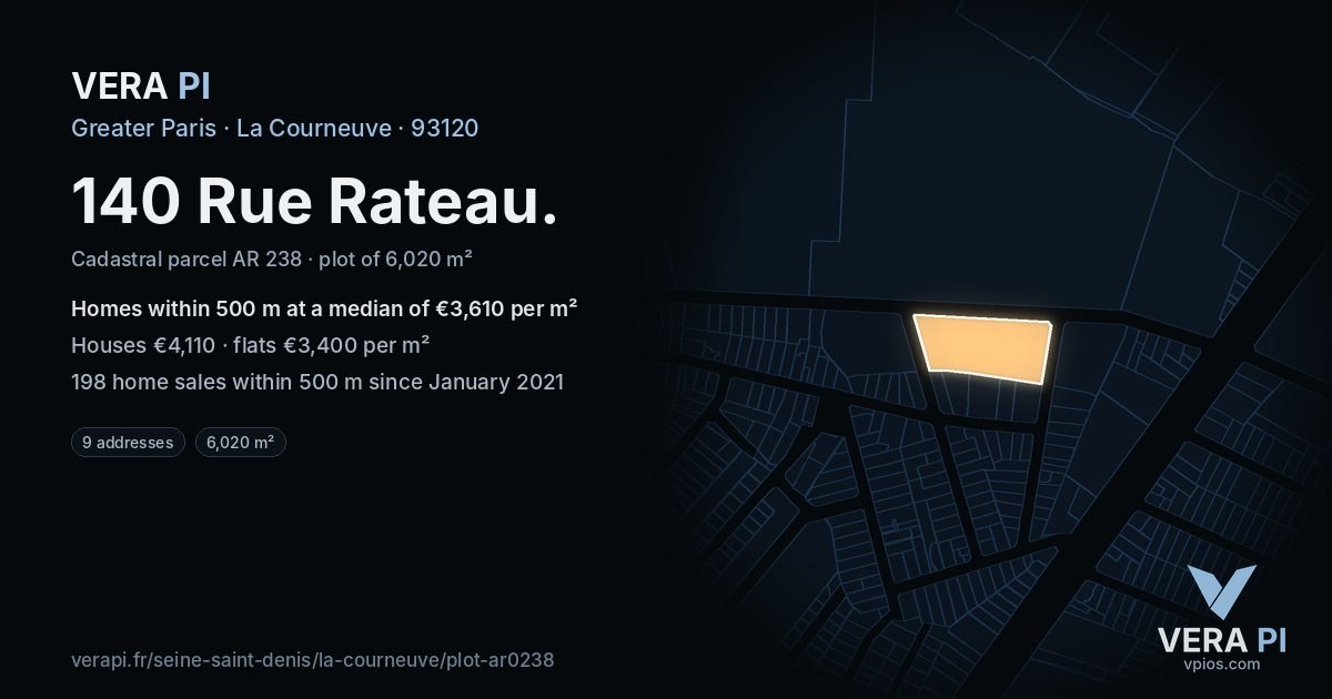 140 Rue Rateau, La Courneuve at night – the plot lit, the parcels around coloured by the prices near them
