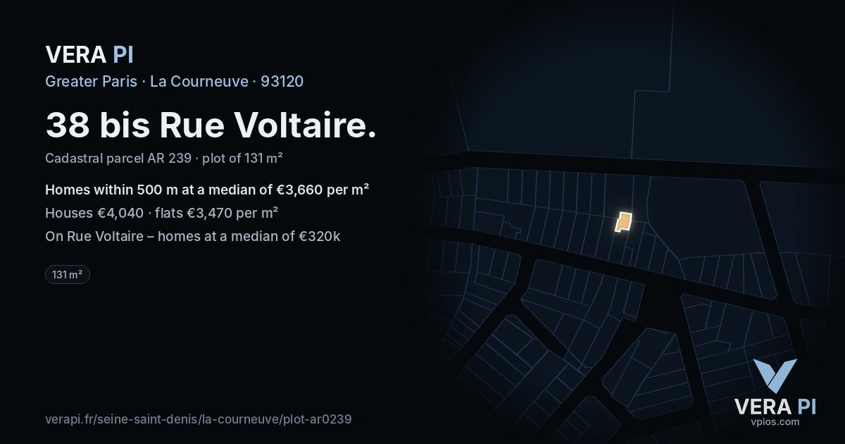 38 bis Rue Voltaire, La Courneuve at night – the plot lit, the parcels around coloured by the prices near them