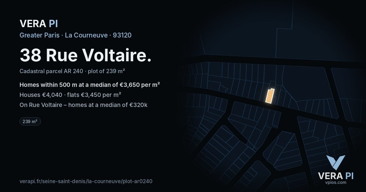 38 Rue Voltaire, La Courneuve at night – the plot lit, the parcels around coloured by the prices near them