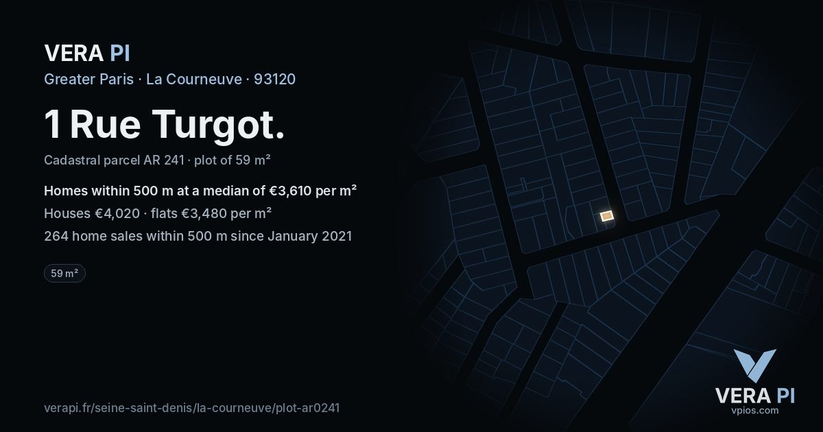 1 Rue Turgot, La Courneuve at night – the plot lit, the parcels around coloured by the prices near them