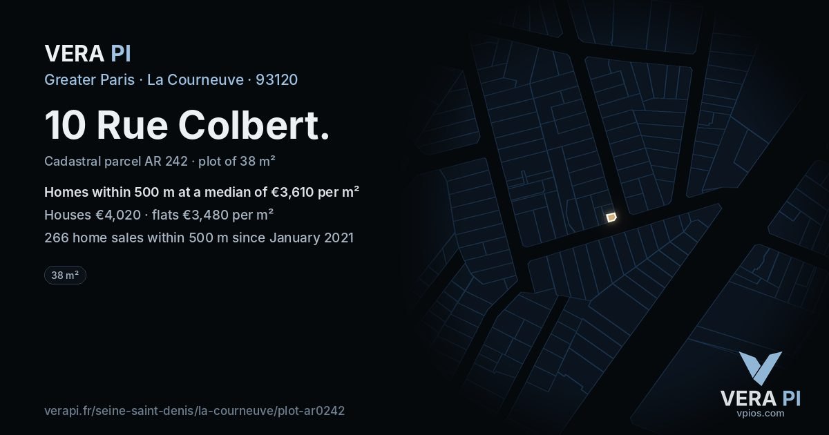 10 Rue Colbert, La Courneuve at night – the plot lit, the parcels around coloured by the prices near them
