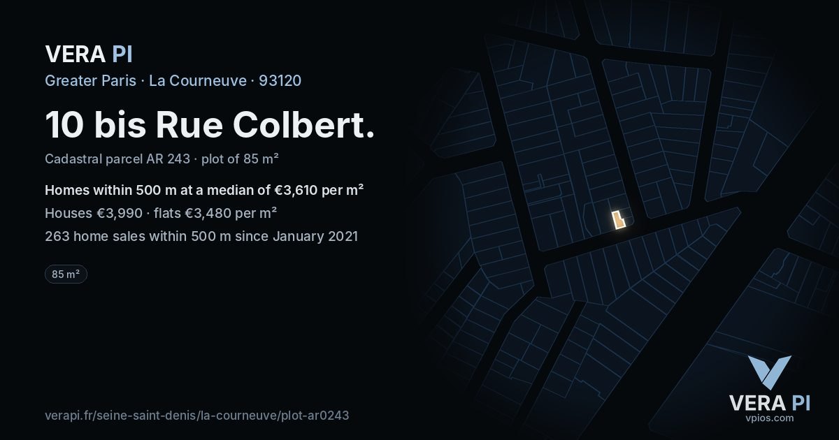 10 bis Rue Colbert, La Courneuve at night – the plot lit, the parcels around coloured by the prices near them