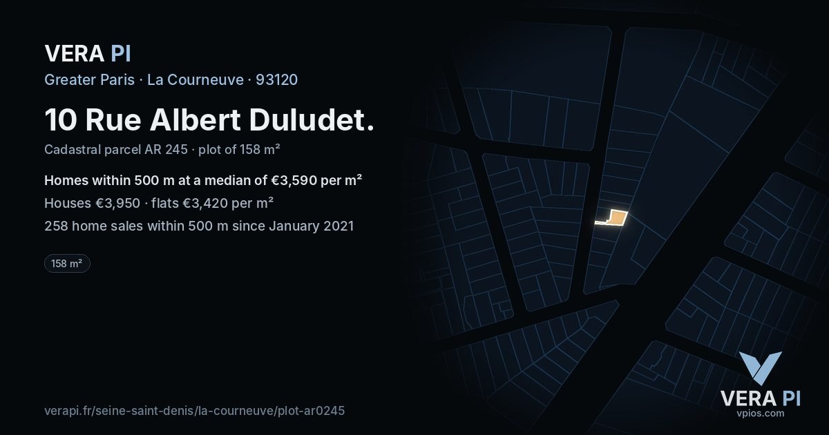 10 Rue Albert Duludet, La Courneuve at night – the plot lit, the parcels around coloured by the prices near them