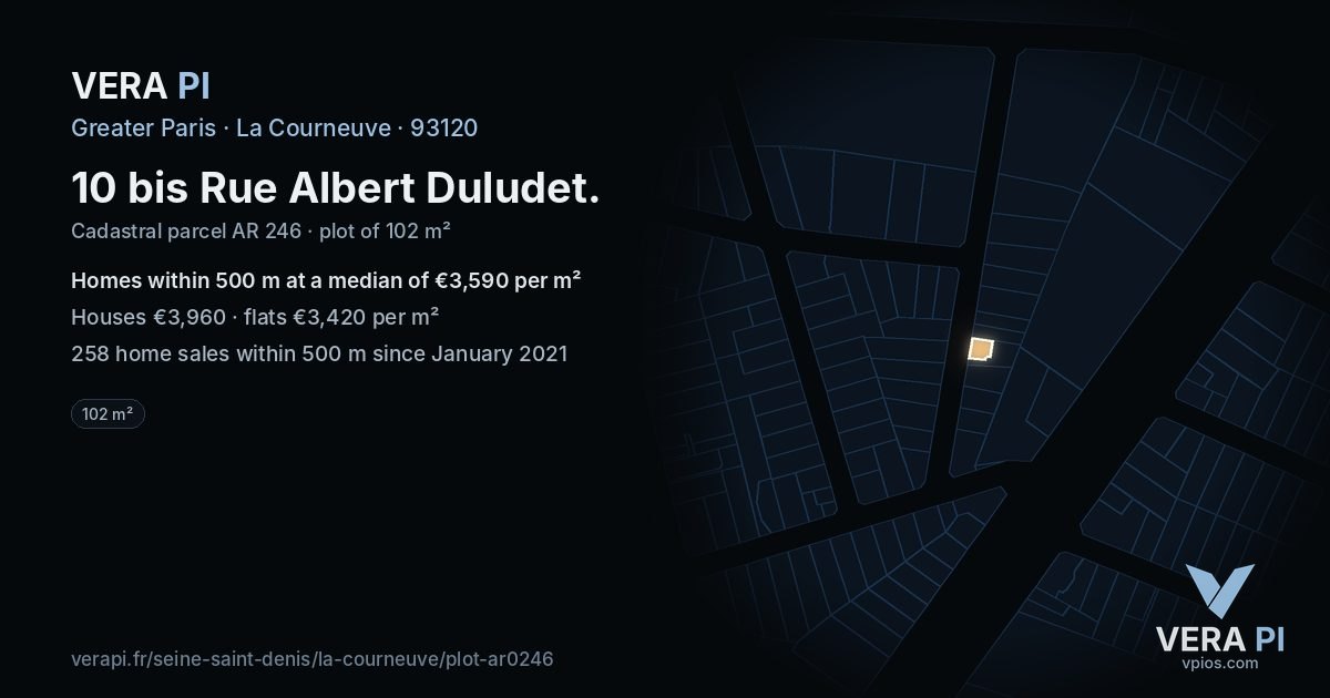 10 bis Rue Albert Duludet, La Courneuve at night – the plot lit, the parcels around coloured by the prices near them