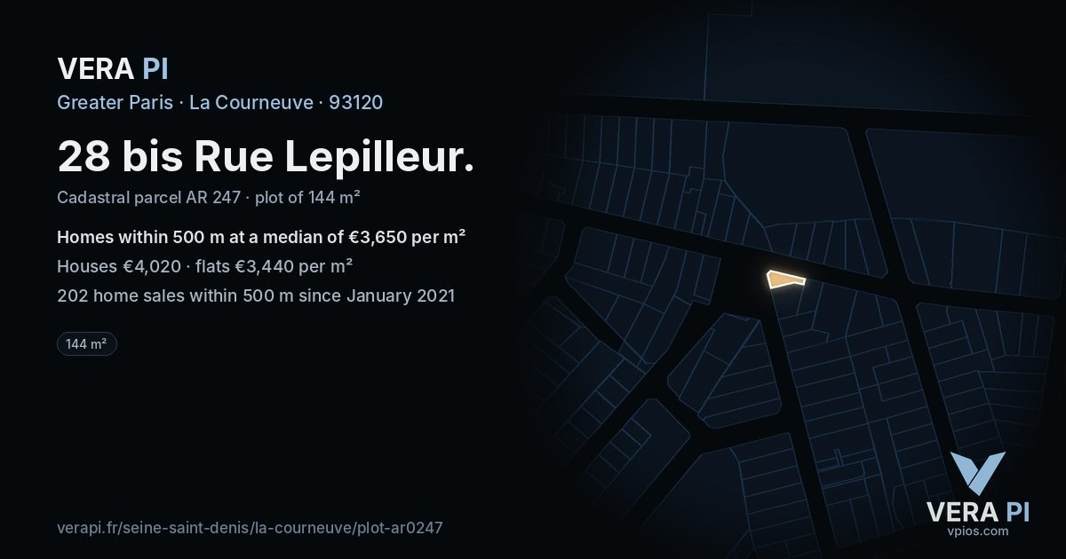 28 bis Rue Lepilleur, La Courneuve at night – the plot lit, the parcels around coloured by the prices near them