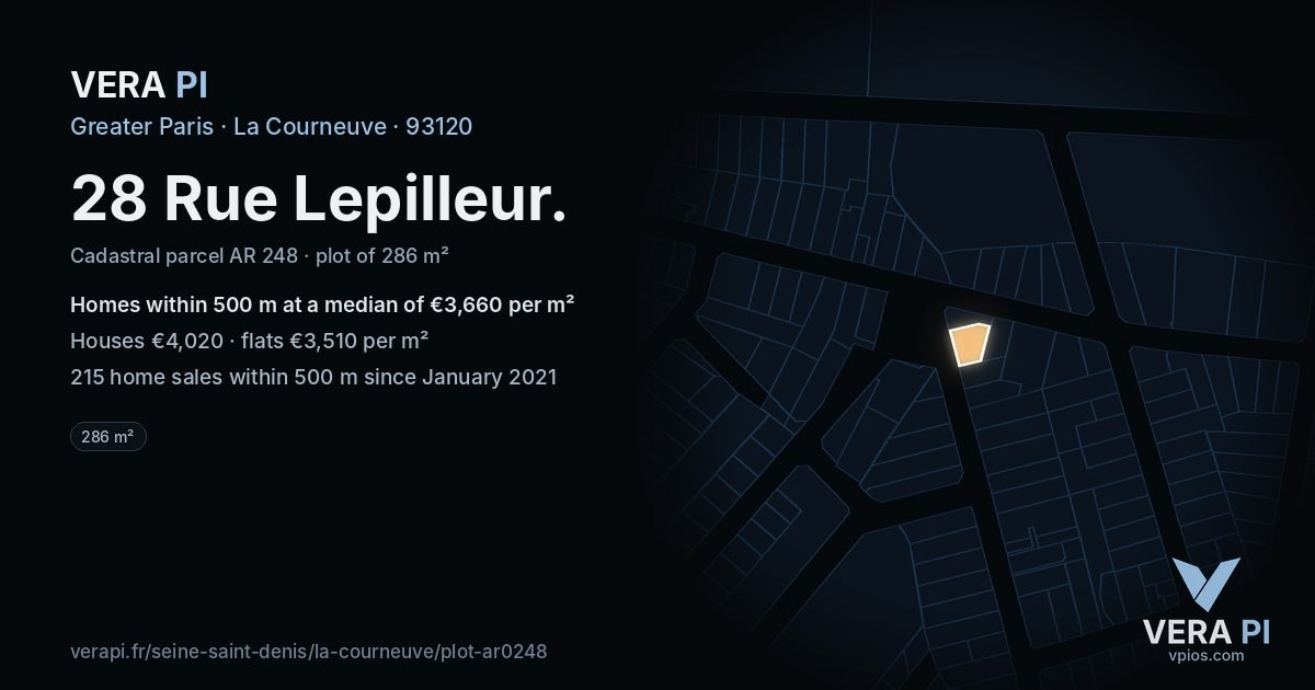 28 Rue Lepilleur, La Courneuve at night – the plot lit, the parcels around coloured by the prices near them