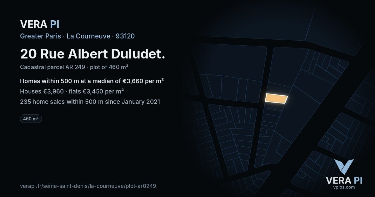 20 Rue Albert Duludet, La Courneuve at night – the plot lit, the parcels around coloured by the prices near them