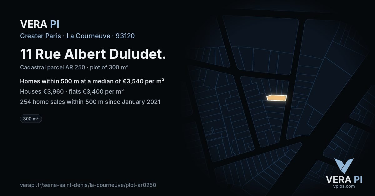 11 Rue Albert Duludet, La Courneuve at night – the plot lit, the parcels around coloured by the prices near them