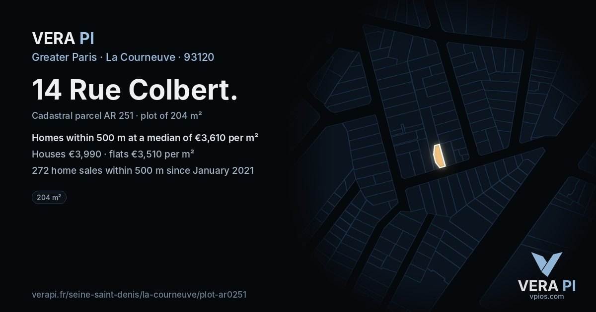 14 Rue Colbert, La Courneuve at night – the plot lit, the parcels around coloured by the prices near them