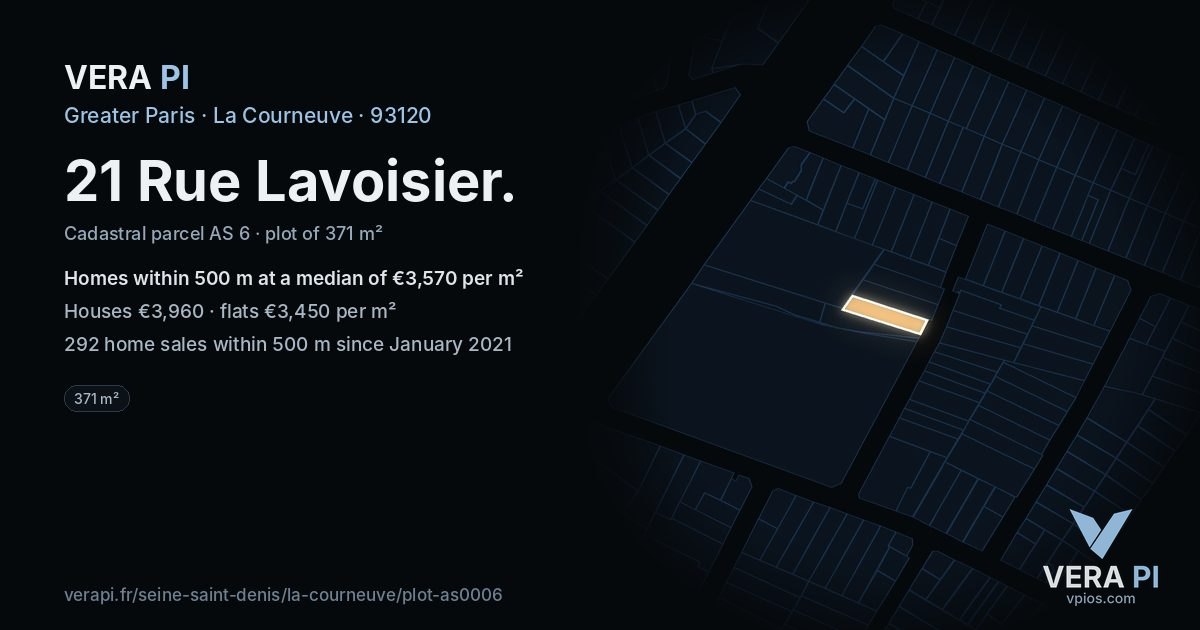 21 Rue Lavoisier, La Courneuve at night – the plot lit, the parcels around coloured by the prices near them