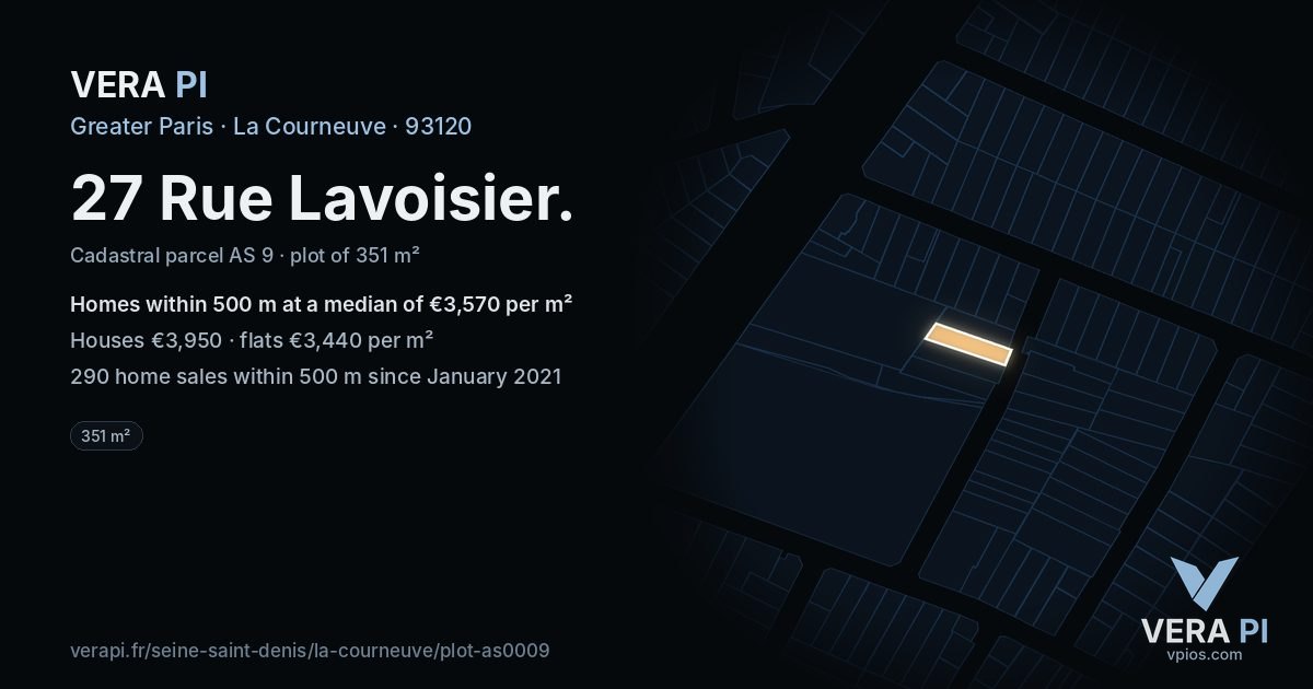 27 Rue Lavoisier, La Courneuve at night – the plot lit, the parcels around coloured by the prices near them