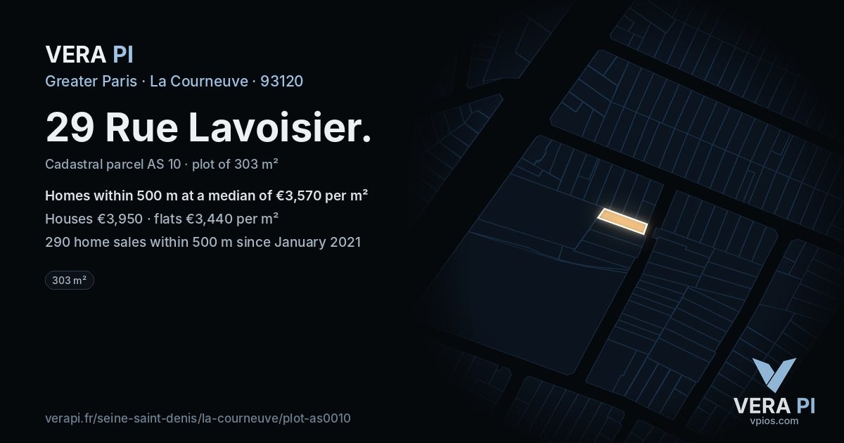 29 Rue Lavoisier, La Courneuve at night – the plot lit, the parcels around coloured by the prices near them