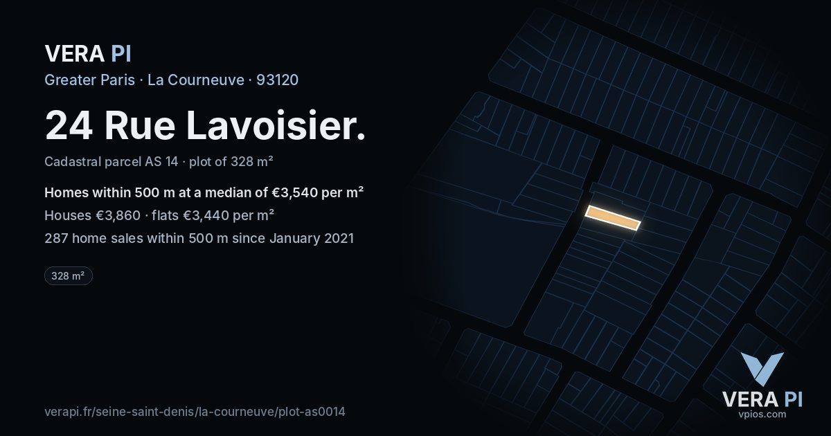 24 Rue Lavoisier, La Courneuve at night – the plot lit, the parcels around coloured by the prices near them