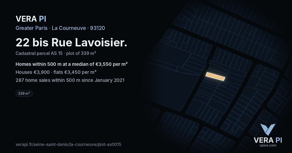 22 bis Rue Lavoisier, La Courneuve at night – the plot lit, the parcels around coloured by the prices near them