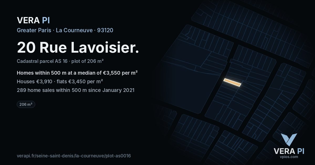 20 Rue Lavoisier, La Courneuve at night – the plot lit, the parcels around coloured by the prices near them