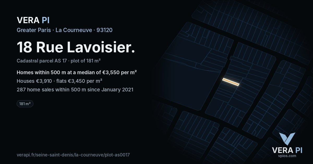 18 Rue Lavoisier, La Courneuve at night – the plot lit, the parcels around coloured by the prices near them
