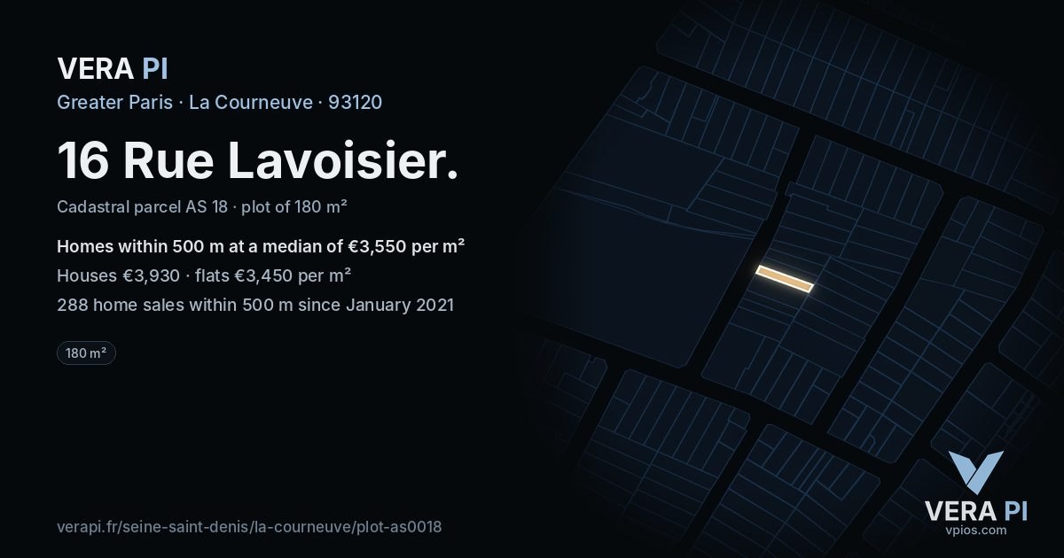 16 Rue Lavoisier, La Courneuve at night – the plot lit, the parcels around coloured by the prices near them