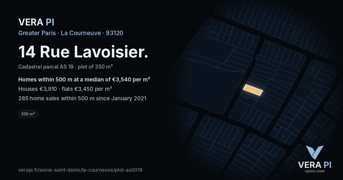 14 Rue Lavoisier, La Courneuve at night – the plot lit, the parcels around coloured by the prices near them